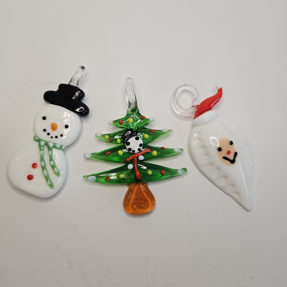 Fused Glass Christmas ornaments pendants snowman tree Santa, set of 3